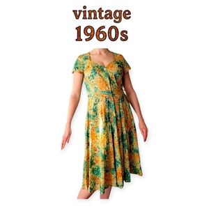 Vintage 1960s 1970s Floral Dress Green Orange Yellow Mad Men S/M Retro Outfit